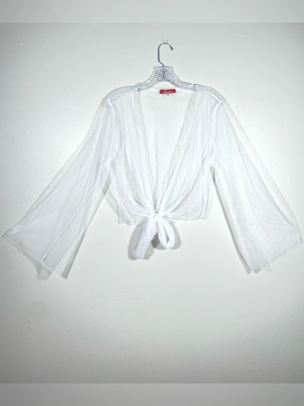Rainbow White Sheer Mesh Tie Front Bell Sleeve Cover-Up Top XL Y2K Fairycore